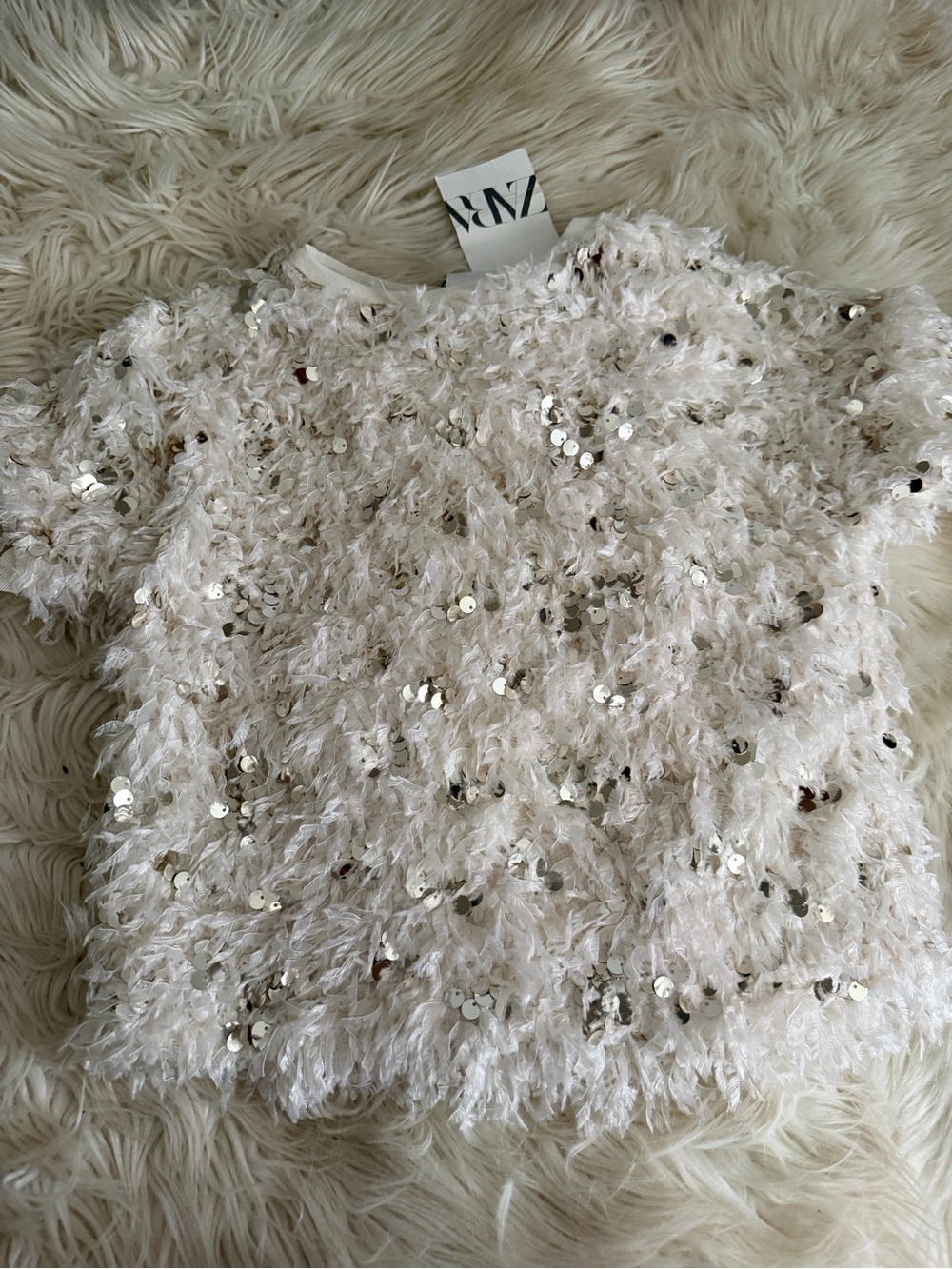 Zara Kids Cream Sequin Fuzzy Short Sleeve Top